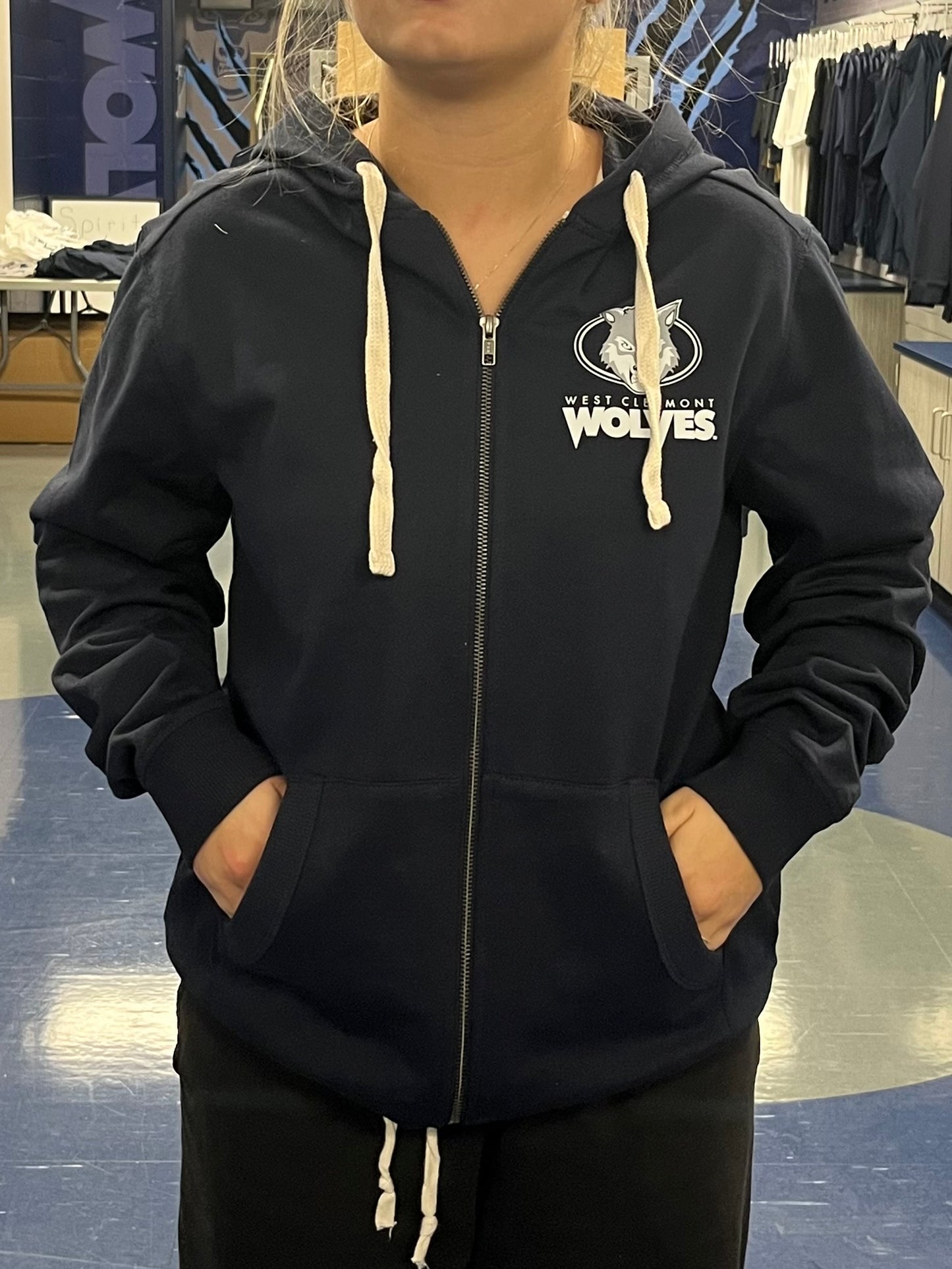 Full Zip Navy Hooded Sweatshirt - Wolf Head