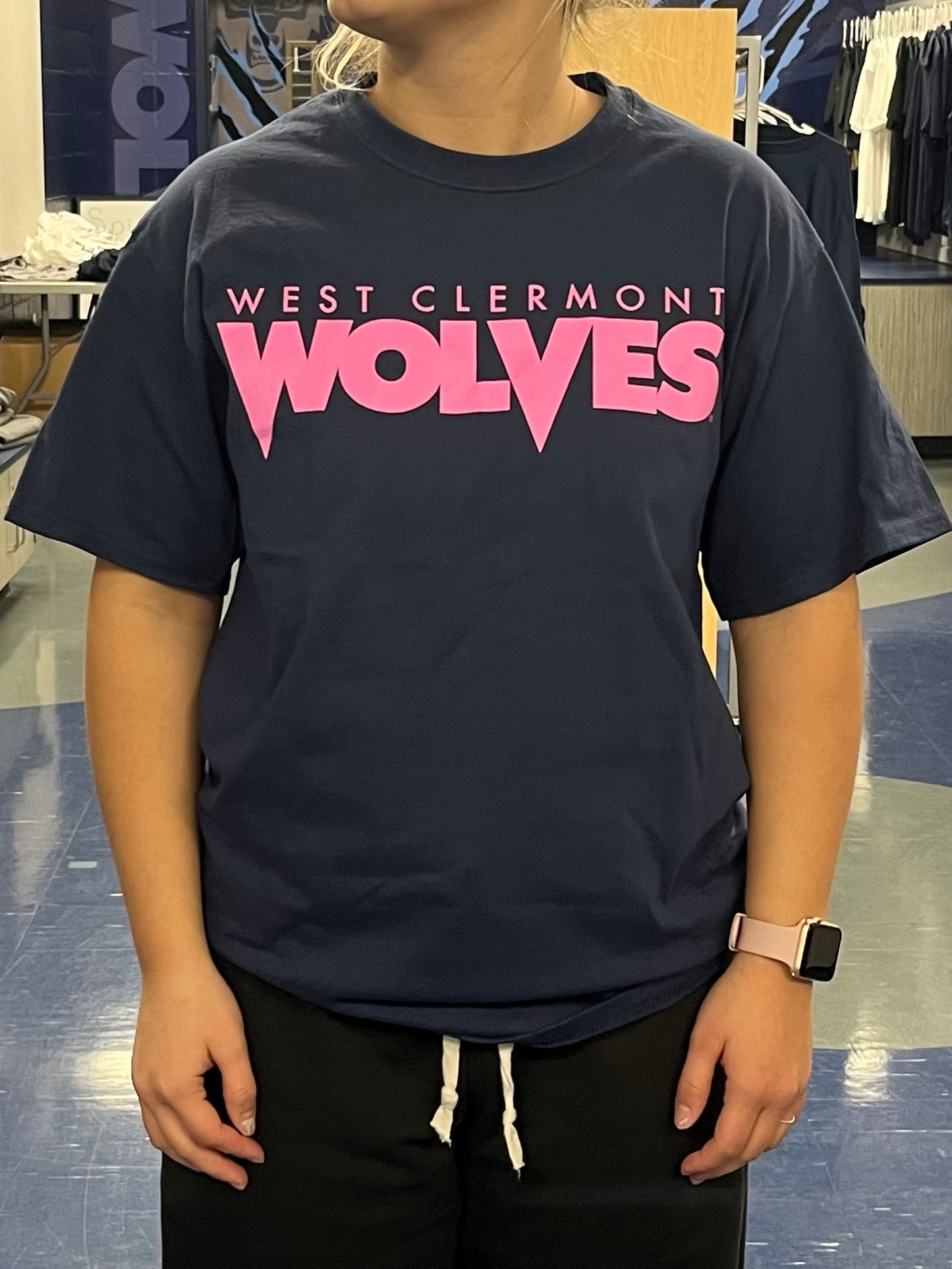 Short Sleeve Navy with Pink Letters